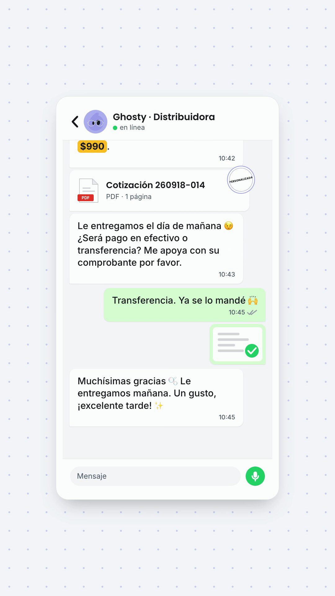 Así se ve una venta completa con Ghosty en WhatsApp: cotización, entrega y comprobante